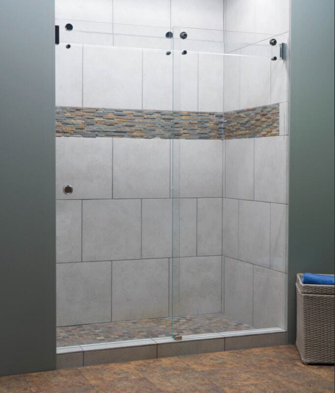 This barn slider option is called a Phantom slider which includes a glass bar. It is tested to be extremely safe using triple laminated glass. There are many configuration options available with this enclosure. Ask us for more information!